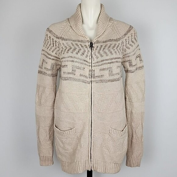 TNA Women's Knit Cream Taupe Lambs Wool Cowichan Zip Up Cardigan Pockets Size S - Picture 1 of 15